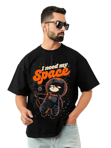 LEOTUDE Half Sleeve Oversized Cottonblend Round Neck Drop Shoulder Printed Men's T-Shirt (Color Black)